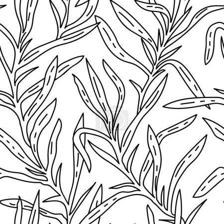 Tarragon leaf seamless pattern. Linear Floral ornament with hand drawn aromatic garden herbs, leaves outline print. Monochrome Vintage botanical vector illustration