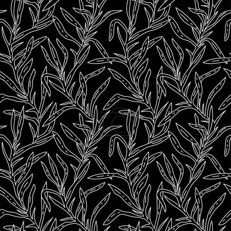 Tarragon leaf seamless pattern. Linear Floral ornament with hand drawn aromatic garden herbs, leaves outline print. Monochrome Vintage botanical vector illustration