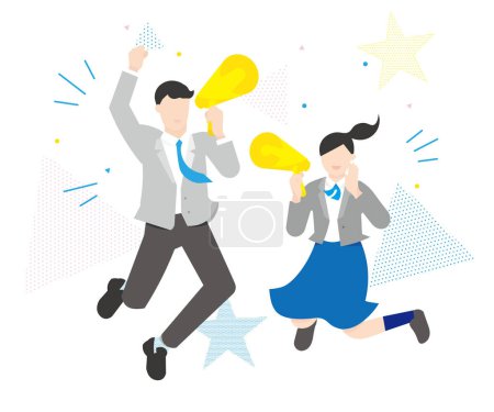 Illustration for Men and women jumping with megaphones - cheering - people simple color vector illustration material-students a boy and a girl - Royalty Free Image