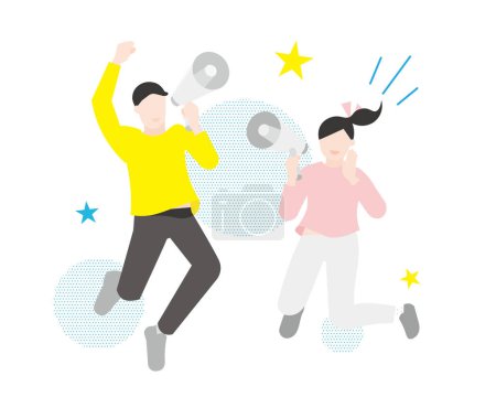 Illustration for Men and women jumping with megaphones - cheering - people simple color vector illustration material - Royalty Free Image