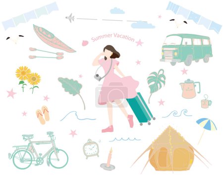 Vector illustration of a woman on vacation with a set of various outdoor goods for a summer trip.