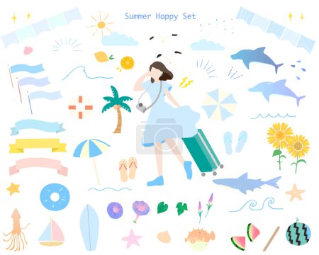 Sommerreise - Meereswesen - Sommerset - Urlaubsvektorillustration einer Frau mit einer Reihe von Outdoor-Waren