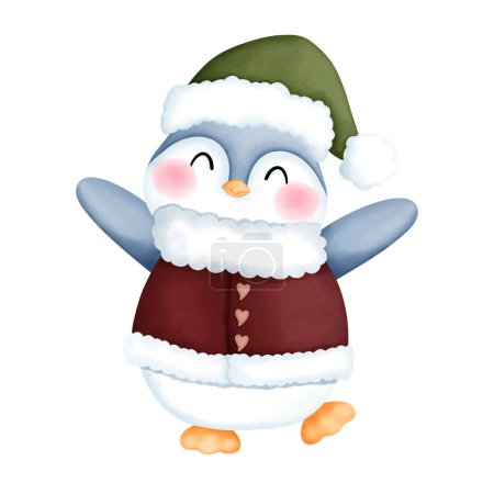 Téléchargez les photos : Adorable aquarelle pingouin heureux avec illustration de costume de Noël. Charmante clipart de pingouin d'hiver. Parfait pour les décorations d'hiver et de Noël. - en image libre de droit