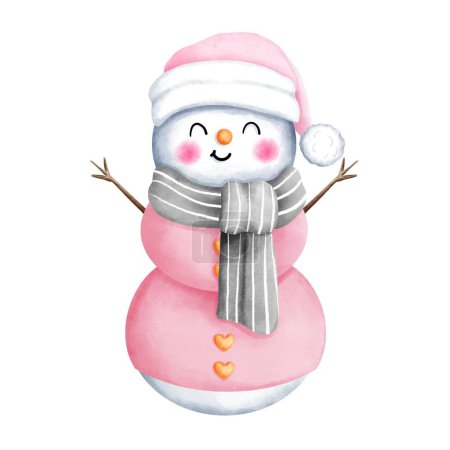Téléchargez les photos : Illustration de Noël aquarelle de bonhomme de neige mignon avec costume rose et gris. Décorations de Noël aquarelle hiver. - en image libre de droit