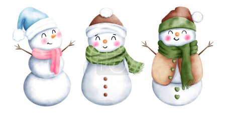 Téléchargez les photos : Ensemble de trois jolies illustrations de bonhomme de neige de Noël à l'aquarelle avec chapeaux et écharpes de Père Noël. Décorations d'ornements de Noël aquarelle. - en image libre de droit
