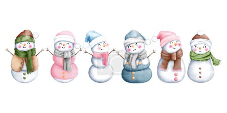 Téléchargez les photos : Ensemble d'aquarelle mignon bonhomme de neige de Noël dans un costume d'hiver coloré illustrations. Décorations d'ornements de Noël aquarelle. - en image libre de droit