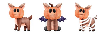 Photo for Cute and spooky halloween reindeers in festive costumes.Pumpkin masks and bat wings Watercolor fantasy art - Royalty Free Image