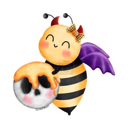 Foto de Acuarela colorida abeja de halloween con alas de bruja y arco.Lindo insecto sosteniendo un cráneo con flujo de miel.Acuarela halloween ilustración. - Imagen libre de derechos