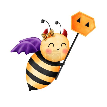Foto de Linda abeja de halloween con cuerno rojo, arco, alas púrpuras, volando con alegría y sosteniendo un palo de panal. - Imagen libre de derechos