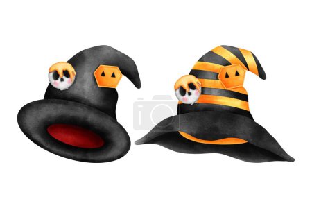 Foto de Spooky halloween negro, amarillo y rojo sombrero de bruja decorado con lindo cráneo y nido de abeja collection.Watercolor art.Halloween fiesta decoración. - Imagen libre de derechos