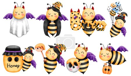 Foto de Espeluznante y lindo conjunto de disfraces de abejas de halloween. Pequeño fantasma de abeja con alas, cuernos rojos, letras de boo, globos, cesta de calabaza y miel. Acuarela animal ilustración. - Imagen libre de derechos