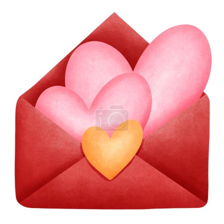 Photo for Red envelope with pink hearts watercolor clipart, Valentines day love letters illustration. - Royalty Free Image