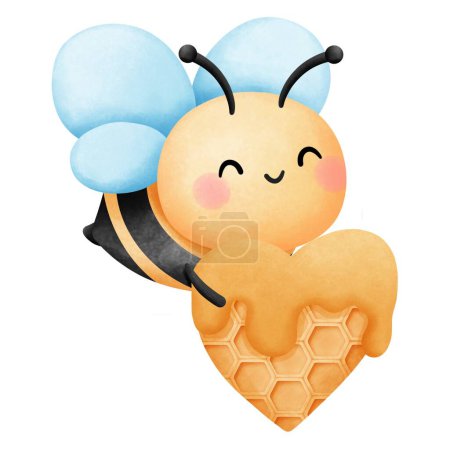 Téléchargez les photos : Valentine petite abeille au miel sucré gaufres friandises clipart, Illustration aquarelle avec abeille domestique et dessert de valentines, Animaux amoureux pour la Saint-Valentin décorations cadeaux. - en image libre de droit