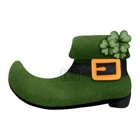 Magic leprechaun shoes with green clovers watercolor clipart, St patricks day element decoration.
