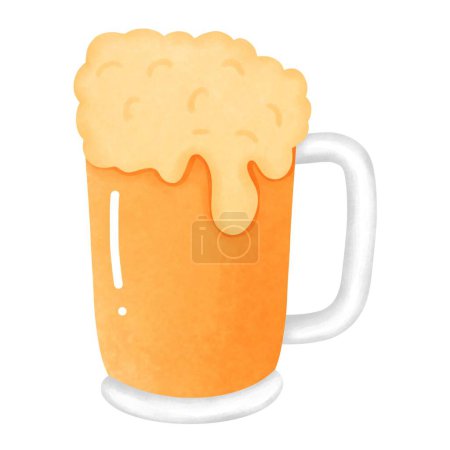 Beer mug and glass with foam watercolor illustration.