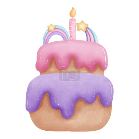 gâteau d'anniversaire aquarelle orné de tir sar, arc-en-ciel et clipart de bougie, avec des décorations crémeuses, idéal pour les célébrations douces
