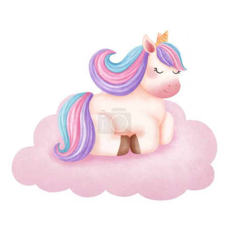 Cute magical rainbow unicorn sleeping on cloud watercolor clipart, Adorable animal cartoon illustration for nursery art.