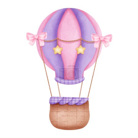 Purple and pink hot air balloon with coquette bows and stars clipart, Hand drawn watercolor illustration on isolated background for kids party, nursery decoration.