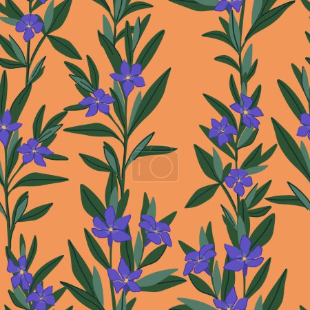 Illustration for Periwinkle plants seamless pattern. Vector ornament of Vinca minor flowers. Botanical design in cartoon style. - Royalty Free Image