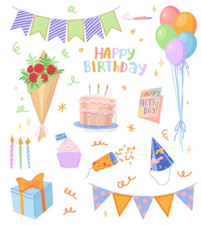 Téléchargez les illustrations : La fête d'anniversaire est terminée. Illustrations vectorielles de bouquet, gâteau, popper, cadeau, carte, ballons, drapeaux de fête. Clip art moderne lumineux isolé sur blanc.. - en licence libre de droit