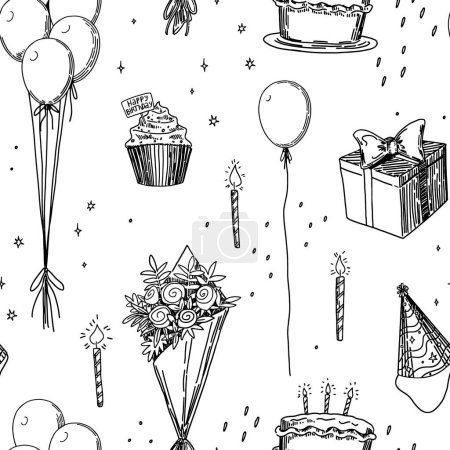 Téléchargez les illustrations : Fête d'anniversaire vecteur motif sans couture. Décrivez des illustrations de gâteau, bougies, cadeaux, bouquets, ballons. Ornement de style rétro.. - en licence libre de droit