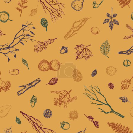 Autumn theme vector seamless pattern. Ornament of fruits, fallen leaves, bare branches, berries, pine cones. Hand drawn retro style design for background, wallpaper, decor..