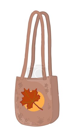 Ilustración de Doodle of tote eco bag with autumn print. Cartoon clipart of handle bag shopper. Vector illustration isolated on white background.. - Imagen libre de derechos