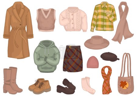 Clipart set of autumn clothes. Doodles of apparel, shoes, hats, accessories. Cartoon vector illustrations collection isolated on white background..