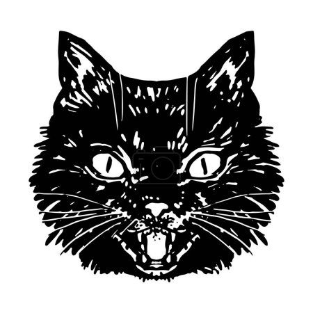 Illustration for Angry black cat face. Hissing cat halloween vector illustration. Realistic ink sketch of witch familiar animal. Clipart for decor isolated on white. - Royalty Free Image