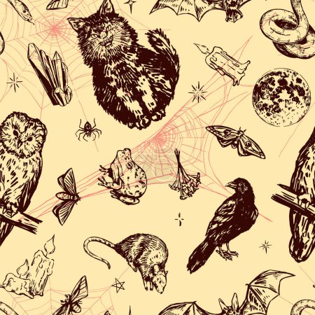 Illustration for Halloween spooky animals, witchcraft seamless pattern. Ornament of wild life, herbs, crystals, candles, insects. Vector illustration in retro engraving style - Royalty Free Image