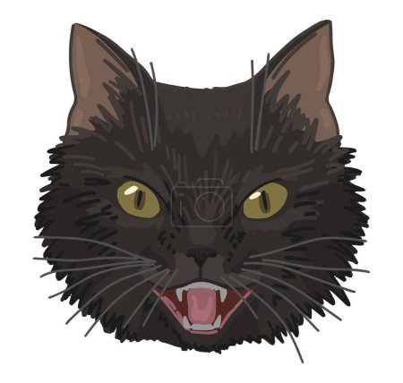 Illustration for Angry black cat face clipart isolated on white. Cartoon style drawing of hissing cat witch familiar. Halloween creepy animal modern vector illustration.. - Royalty Free Image