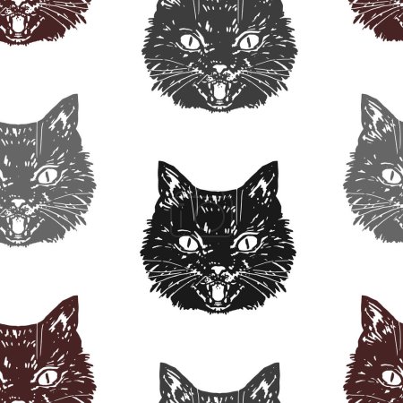 Illustration for Angry black cat face ornament. Hissing cat halloween vector seamless pattern. Illustration in retro engraving style . - Royalty Free Image