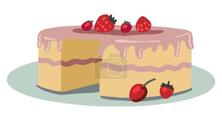 Cute homemade cake. Cake with berries and cream. Hand drawn vector illustration of cottagecore aesthetic. Simple drawing isolated on white. Single clipart for decor, sticker, design, postcard, print.
