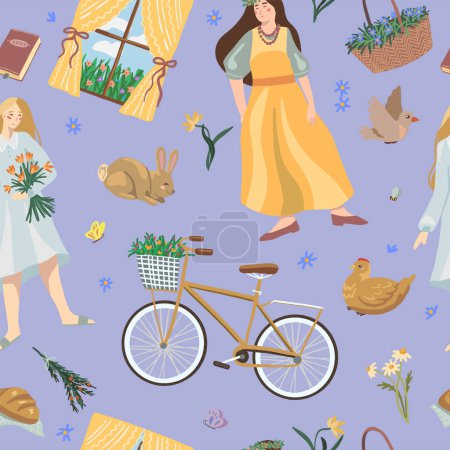 Illustration for Cottagecore, cozy village vector seamless pattern. Cute girls, homemade baking, flowers, animals. Colorful cartoon ornament. For design fabric, textile, background, wallpaper, print, decoration, wrap. - Royalty Free Image