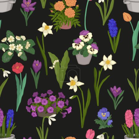 Flores de primavera patrón sin costura. Adorno de las gotas de nieve, tulipanes, narcisos, mariposas, azafrán, jacinto, onagra, caléndulas, petunias, lirios del valle.
