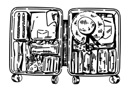Téléchargez les illustrations : Croquis de valise ouverte pleine de choses. Clipart des bagages de voyage, bagage, attribut de voyage. Illustration vectorielle dessinée à la main isolée sur blanc. - en licence libre de droit