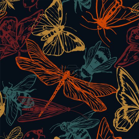 Illustration for Flying insects vector seamless pattern. Illustration of butterflies, dragonflies, moths, bees. Retro style ornament for design background, decor, wallpaper. - Royalty Free Image