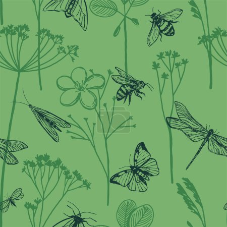 Illustration for Flying insects and wildflowers. Hand drawn vector seamless pattern. Retro engraving style, ornament for design background, decor, wallpaper. - Royalty Free Image