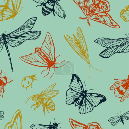Illustration for Flying insects vector seamless pattern. Illustration of beetles, butterflies, dragonflies, moths, ladybugs, bees. Retro style ornament for design background, decor, wallpaper. - Royalty Free Image
