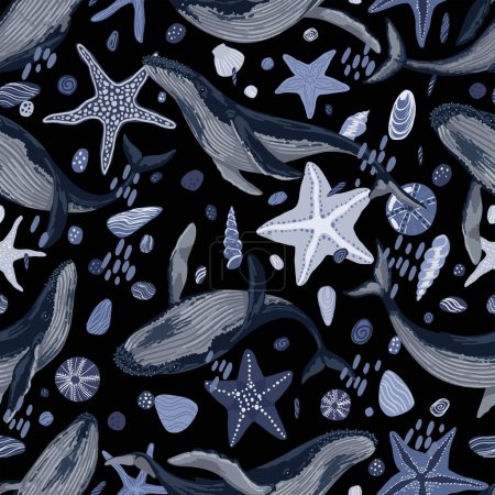 Seamless pattern of blue whales, starfish, seashells. Hand drawn vector illustration. Beautiful underwater ornament. Design for fabric, textile, background, wallpaper, print, decor, wrap