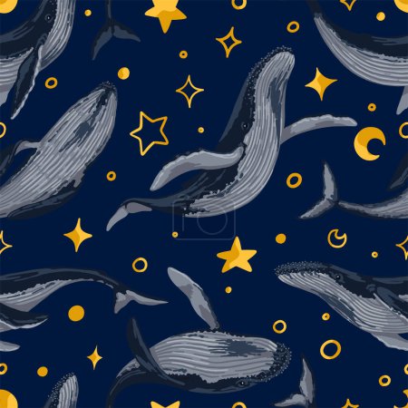 Seamless pattern of blue whales, stars. Hand drawn vector illustration. Ocean animal ornament. Beautiful underwater fauna. Colored design for fabric, textile, background, wallpaper, print, decor, wrap