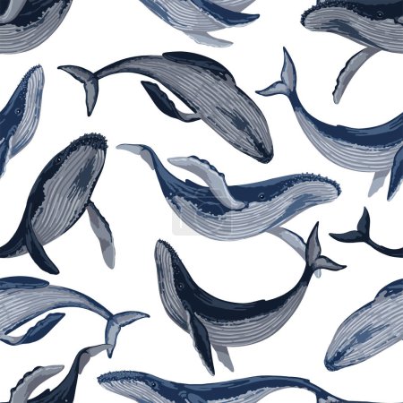 Seamless pattern of blue whales. Hand drawn vector illustration. Ocean mammal animal ornament. Beautiful underwater fauna. Colored design for fabric, textile, background, wallpaper, print, decor, wrap