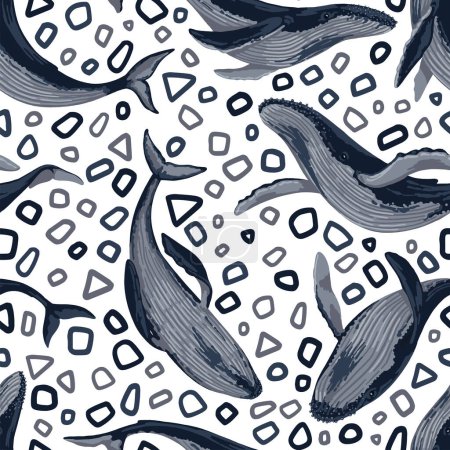 Seamless pattern of blue whales. Hand drawn vector illustration. Ocean animal abstract ornament. Beautiful underwater fauna. Colored design, fabric, textile, background, wallpaper, print, decor, wrap.
