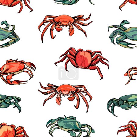 Vintage hand drawn vector seamless pattern. Background of beautiful crabs. Realistic graphic sketches of crustacean animals. Bright surface design for wallpaper, wrap, textile, postcards, prints etc.