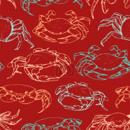 Vintage hand drawn vector seamless pattern. Abstract background of beautiful crabs. Graphic sketches of crustacean animals. Bright surface design for wallpaper, wrap, textile, postcards, prints etc.