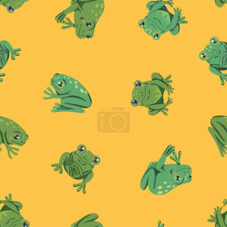 Cute frogs, hand drawn vector seamless pattern. Colored cartoon ornament with animals. Funny design for print, fabric, textile, background, wallpaper, wrapping, card, decoration.