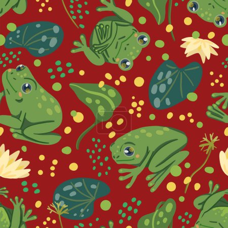 Cute frogs, water lily leaves, swamp plants. Abstract vector seamless pattern. Colored cartoon ornament with animals. Funny design for print, fabric, textile, background, wallpaper, wrap, card, decor.