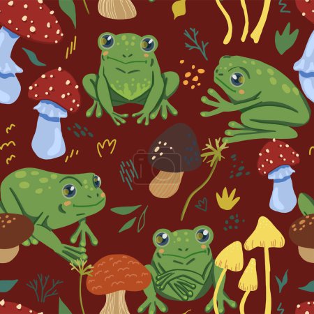 Cute frogs and forest mushrooms. Abstract hand drawn vector seamless pattern. Colored cartoon ornament with animals. Funny design for print, fabric, textile, background, wallpaper, wrap, card, decor.