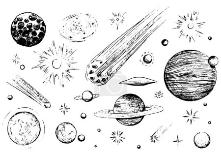 Juego de ilustración vectorial dibujado a mano. Esbozo de tinta de objetos espaciales. Colección de cometas, planetas, estrellas, asteroides. Esquema negro elementos aislados en blanco. Para impresiones de diseño, póster, decoración, tarjetas, etc.