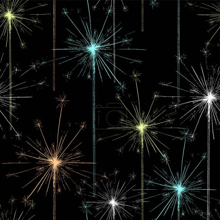 Illustration for Vector background. Bengal or indian light sparkler, Bright sparks , Bengal fire firework isolated. Salute seamless pattern for celebration of holidays and parties, weddings and birthdays. Sketch style - Royalty Free Image